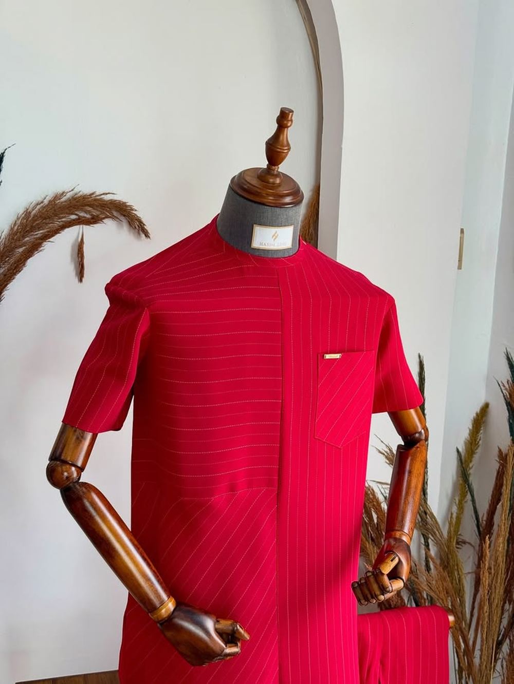 The Carmine Kaftan — red pinstripe tailored kaftan