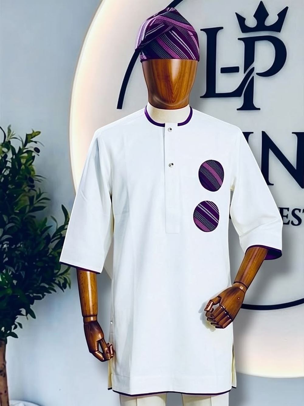 The Ivory Ankara Kaftan — white kaftan with purple ankara accents